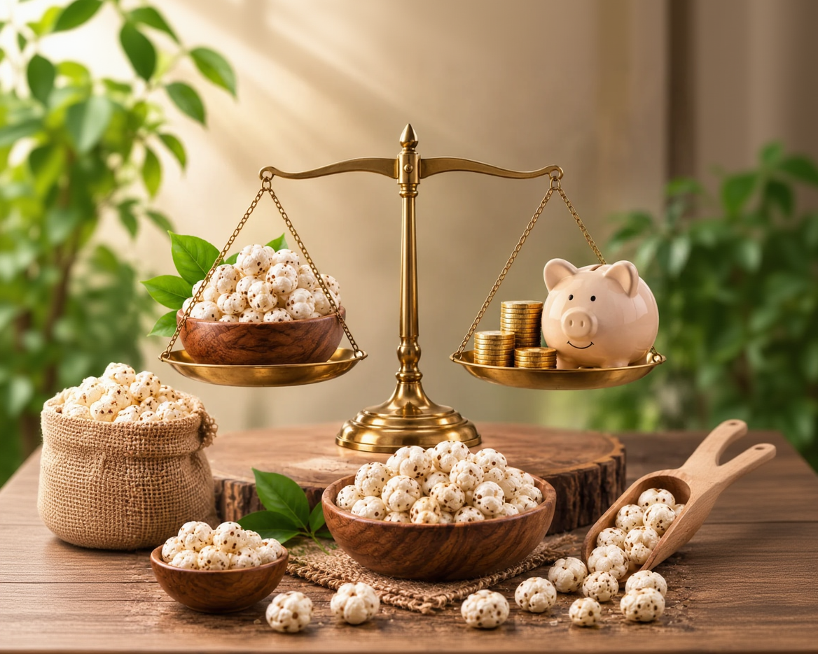 A decorative brass balance scale sits on a rustic wooden table, with bowls of popcorn on the left and a pink piggy bank with gold coins on the right. Additional bowls and scattered popcorn are arranged around it in a styled tabletop setting with soft green leaves in the background.